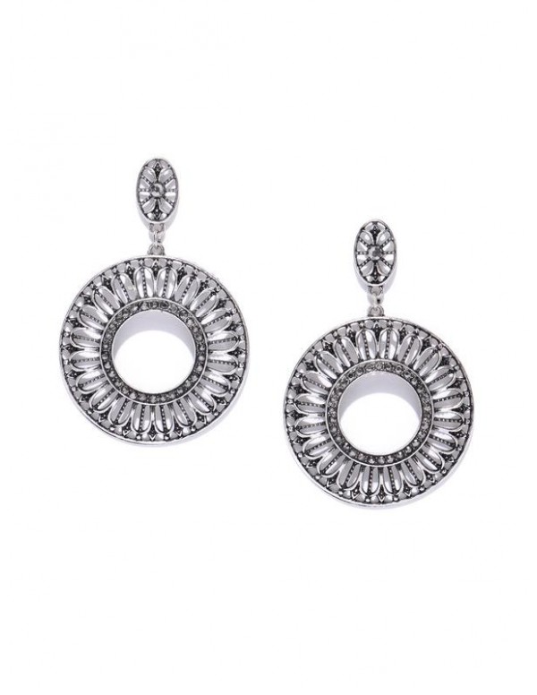 Oxidized Silver-Plated Handcrafted Circular Drop Earrings 35447