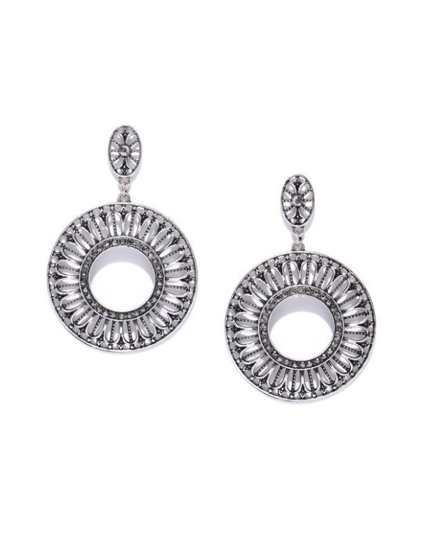 Oxidized Silver-Plated Handcrafted Circular Drop Earrings 35447