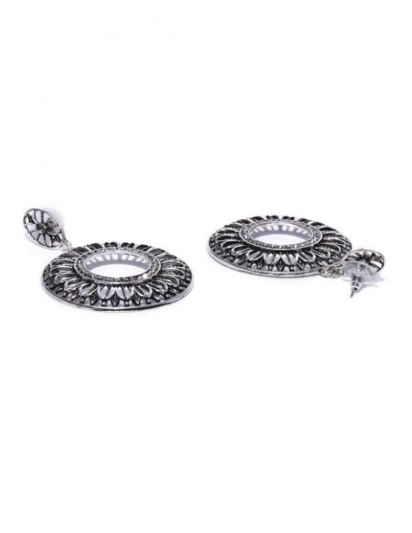 Oxidized Silver-Plated Handcrafted Circular Drop Earrings 35447