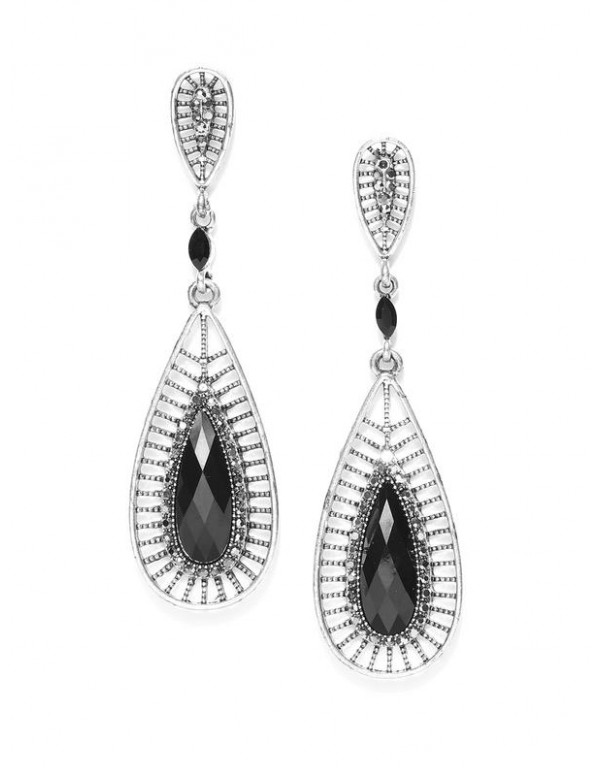 Black Silver-Plated Handcrafted Stone-Studded Teardrop-Shaped Drop Earrings 35472