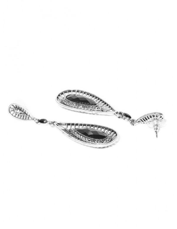 Black Silver-Plated Handcrafted Stone-Studded Teardrop-Shaped Drop Earrings 35472