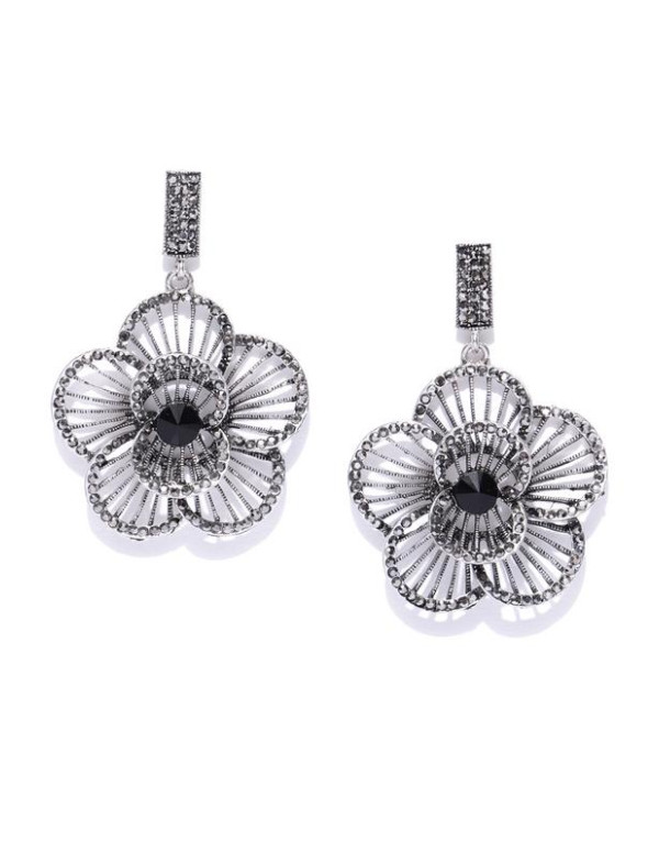 Oxidized Silver-Plated Handcrafted Floral Drop Ear...