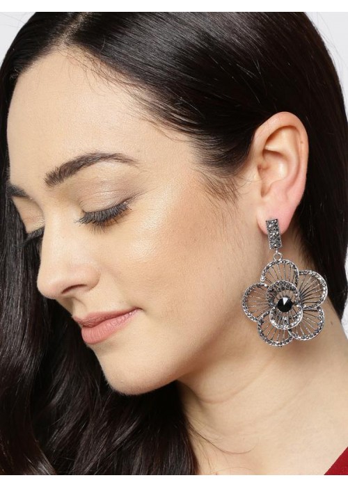 Oxidized Silver-Plated Handcrafted Floral Drop Earrings 35483