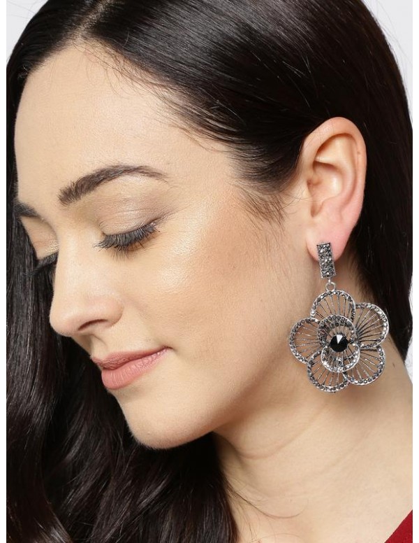 Oxidized Silver-Plated Handcrafted Floral Drop Ear...