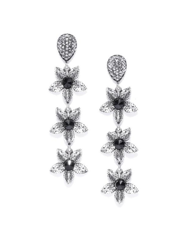 Oxidized Silver-Plated Handcrafted Floral Drop Ear...