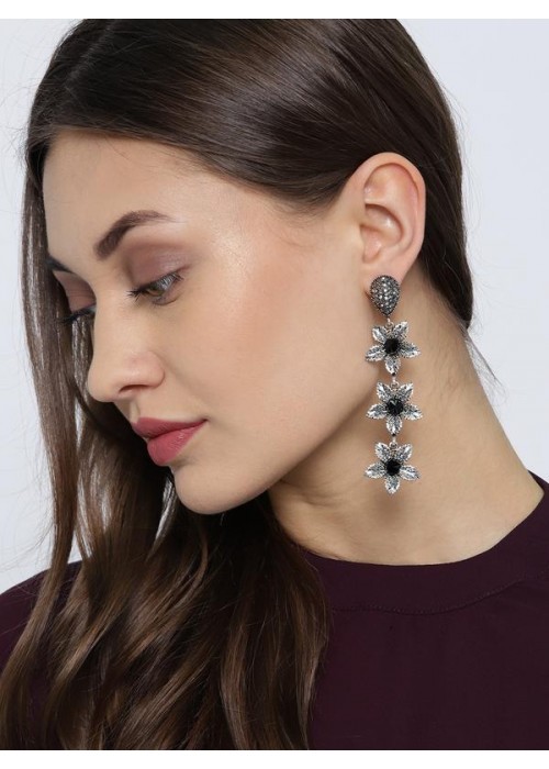 Oxidized Silver-Plated Handcrafted Floral Drop Earrings` 35484