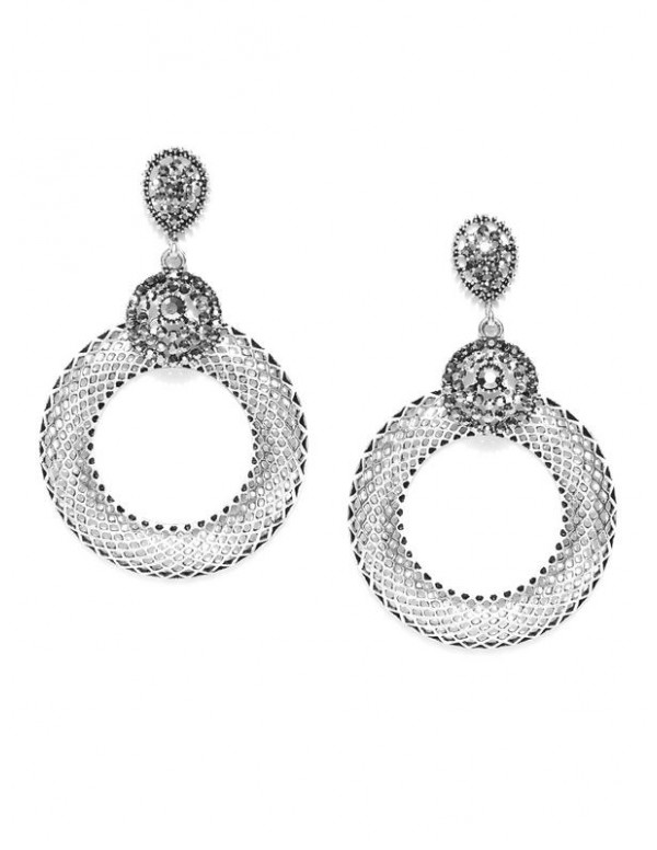 Oxidized Silver-Plated Handcrafted Stone-Studded Circular Drop Earrings 35490