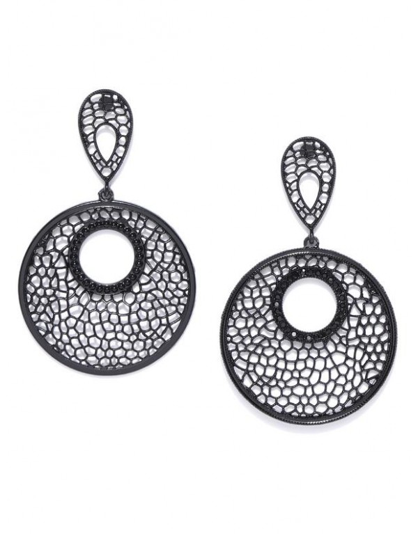 Black Handcrafted Stone-Studded Circular Drop Earr...