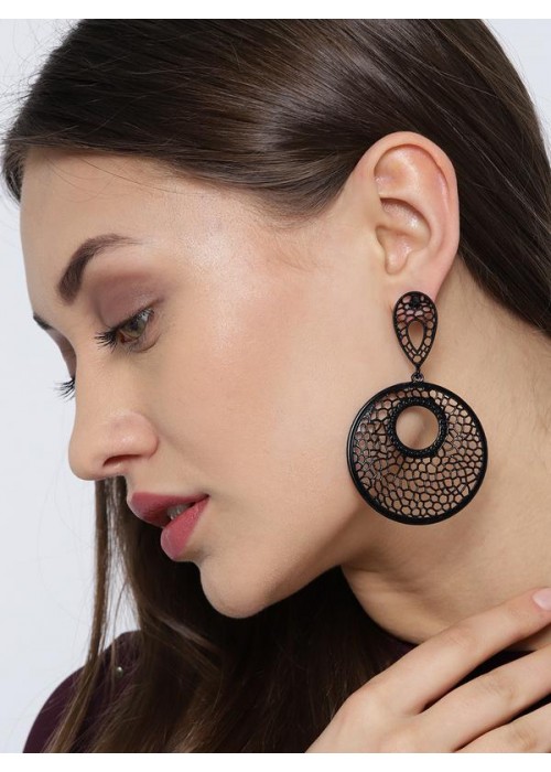 Black Handcrafted Stone-Studded Circular Drop Earrings 35500