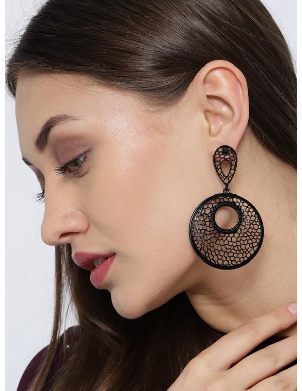 Black Handcrafted Stone-Studded Circular Drop Earr...