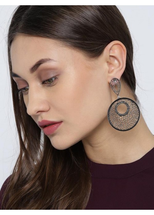 Oxidized Silver-Plated Handcrafted Circular Drop Earrings 35502