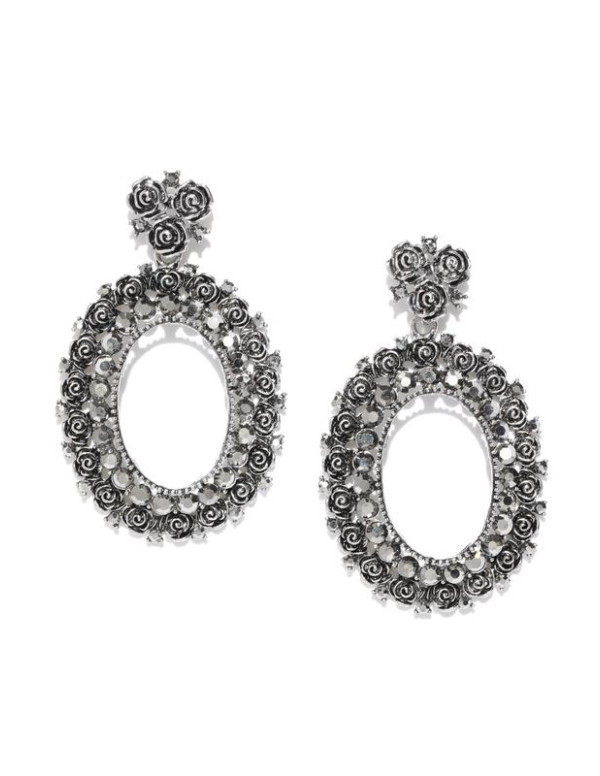 Oxidized Silver-Plated Handcrafted Oval Drop Earrings 35504