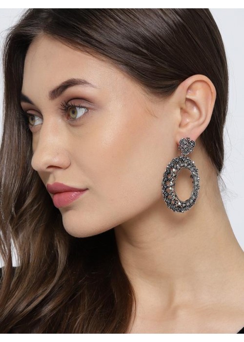 Oxidized Silver-Plated Handcrafted Oval Drop Earrings 35504