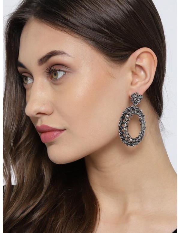 Oxidized Silver-Plated Handcrafted Oval Drop Earri...