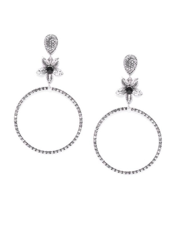 Silver-Plated Stone-Studded Handcrafted Circular Drop Earrings 35521