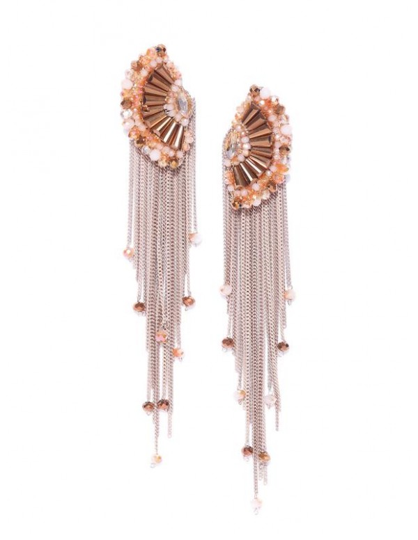 Beige & Brown Gold-Plated Beaded & Tasseled Handcrafted Drop Earrings 35528