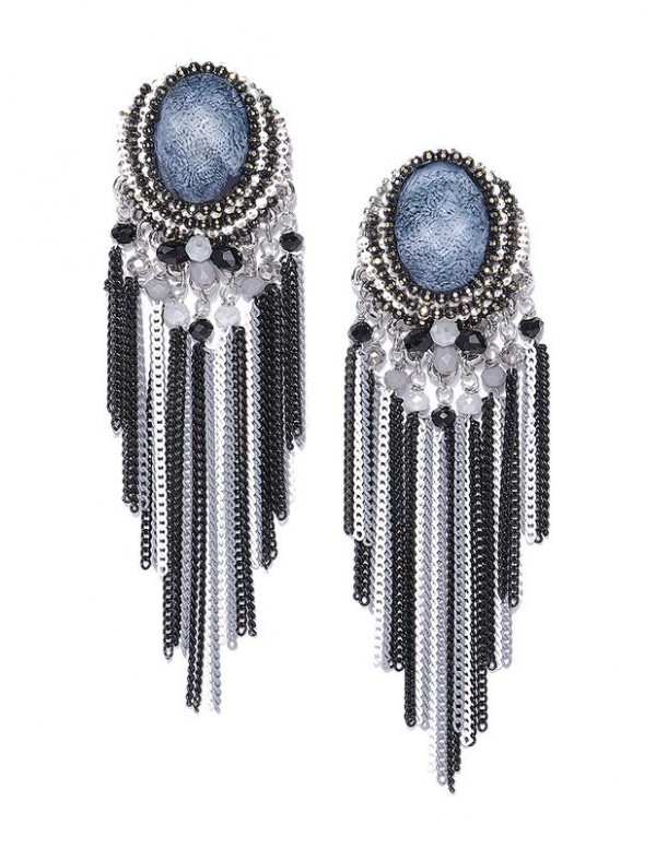 Blue & White Gold-Plated Stone-Studded & Beaded Handcrafted Drop Earrings 35531