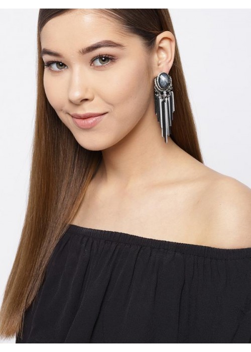 Blue & White Gold-Plated Stone-Studded & Beaded Handcrafted Drop Earrings 35531