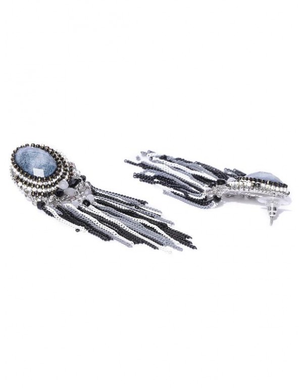 Blue & White Gold-Plated Stone-Studded & Beaded Handcrafted Drop Earrings 35531