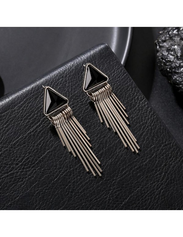 Jewels Galaxy Black & Silver-Toned Copper-Plated Stone-Studded Triangular Drop Earrings 35625
