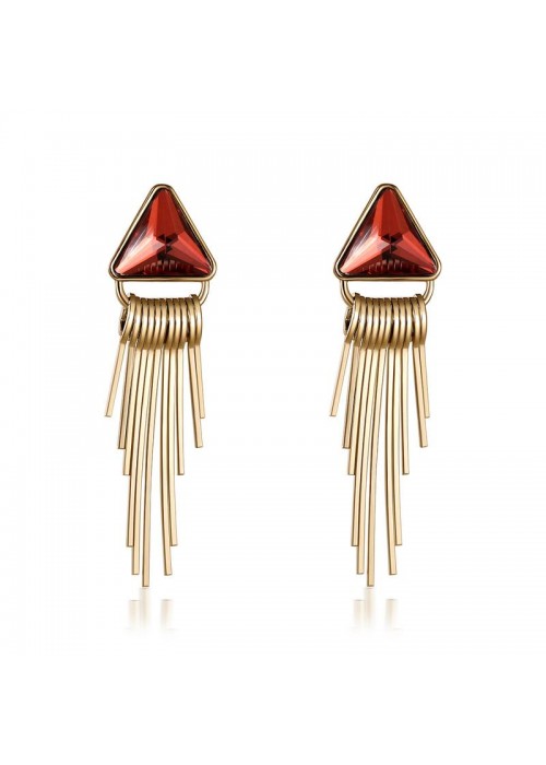 Jewels Galaxy Red & Silver-Toned Copper-Plated Stone-Studded Triangular Drop Earrings 35626