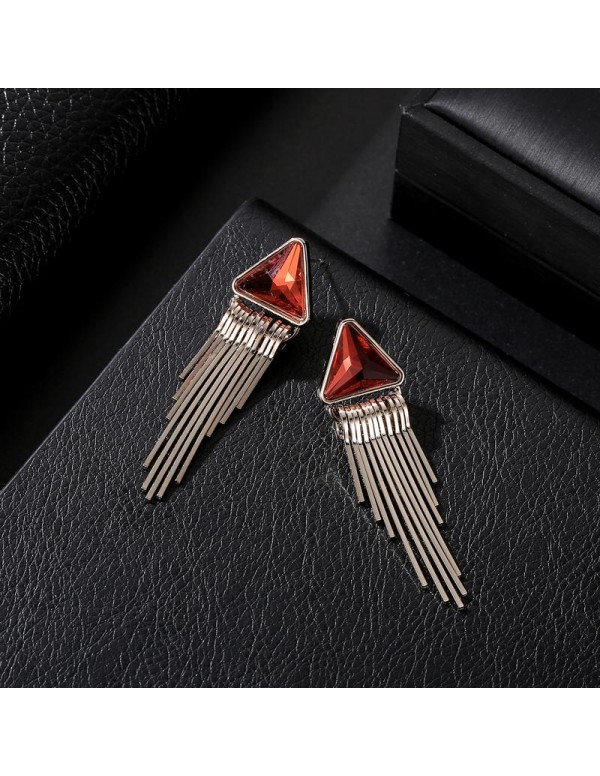 Jewels Galaxy Red & Silver-Toned Copper-Plated Stone-Studded Triangular Drop Earrings 35626