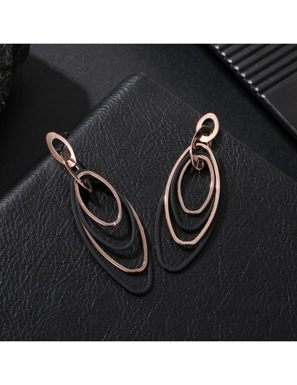 Jewels Galaxy Black & Rose Gold-Plated Oval Drop Earrings 35633