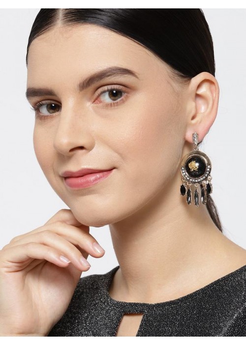 Jewels Galaxy Black Gold-Plated Stone-Studded Circular Drop Earrings 35679