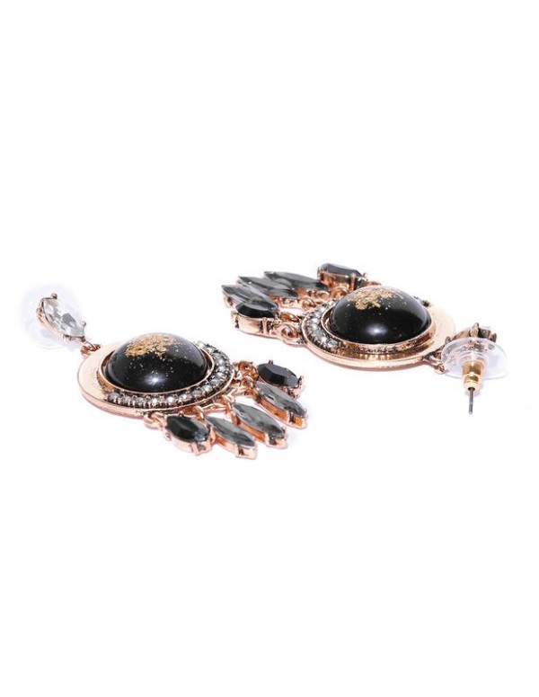 Jewels Galaxy Black Gold-Plated Stone-Studded Circular Drop Earrings 35679