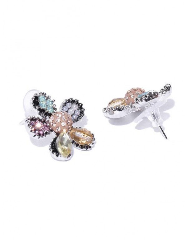 Jewels Galaxy Multicolored Silver-Plated Floral Stone Studs 35697