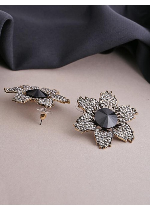 Jewels Galaxy Black & Gunmetal-Toned Copper-Plated Stone-Studded Floral Drop Earrings 35708