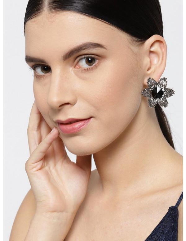 Jewels Galaxy Black & Gunmetal-Toned Copper-Plated Stone-Studded Floral Drop Earrings 35708