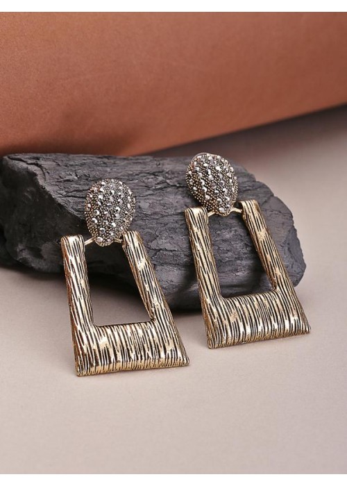 Jewels Galaxy Gunmetal-Toned Gold-Plated Stone-Studded Textured Geometric Drop Earrings 35713