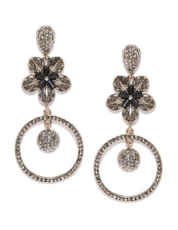 Jewels Galaxy Gunmetal-Toned & Black Gold-Plated Stone-Studded Floral Drop Earrings 35717