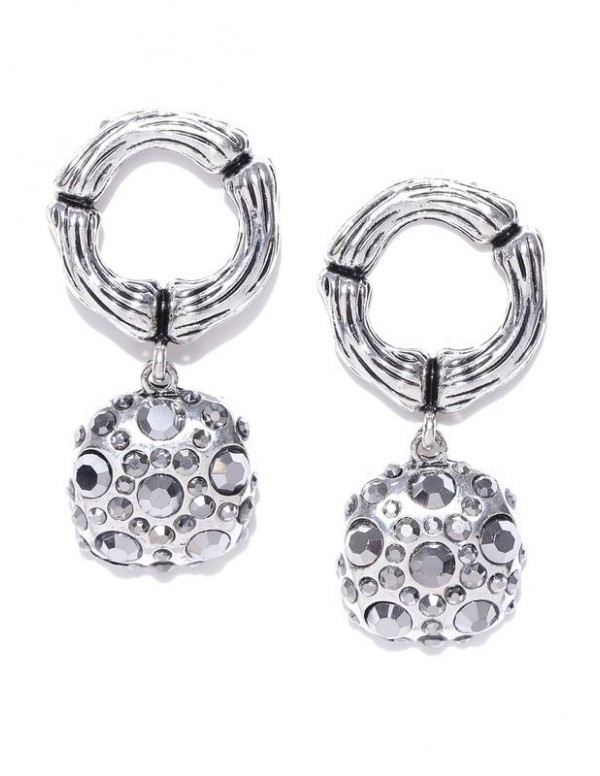 Jewels Galaxy Gunmetal-Toned Silver-Plated Stone-Studded Circular Drop Earrings 35720