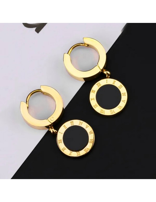 Jewels Galaxy Gold Plated Stainless Steel Circular Roman Numerals Drop Earrings