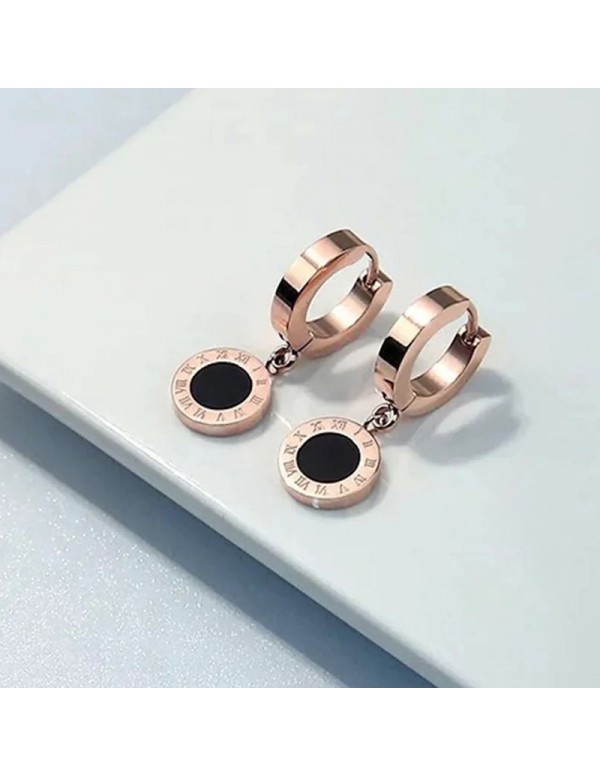 Jewels Galaxy Rose Gold Plated Stainless Steel Circular Roman Numerals Drop Earrings