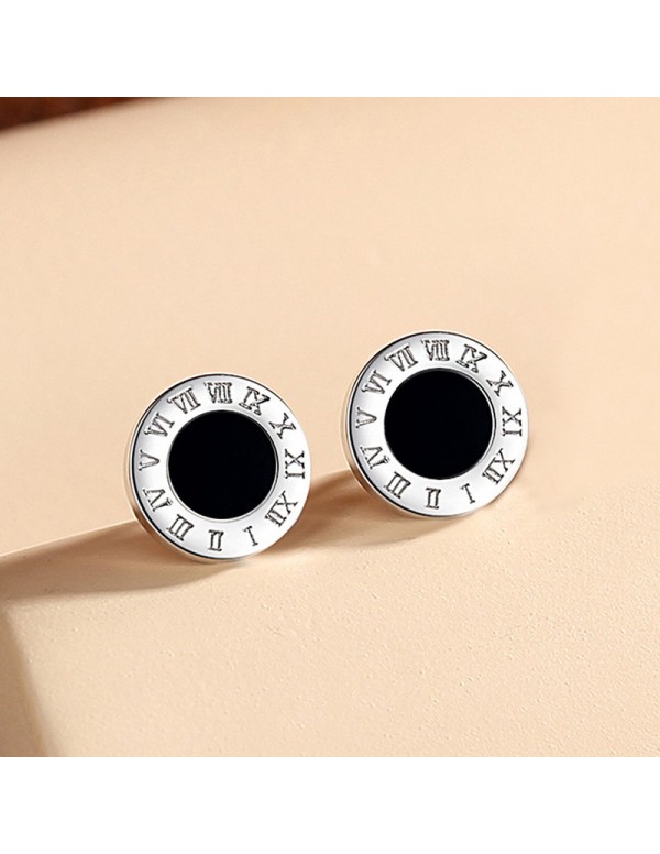 Jewels Galaxy Stainless Steel Silver Plated Roman Numerals Black Center Anti Tarnish Stud Earrings