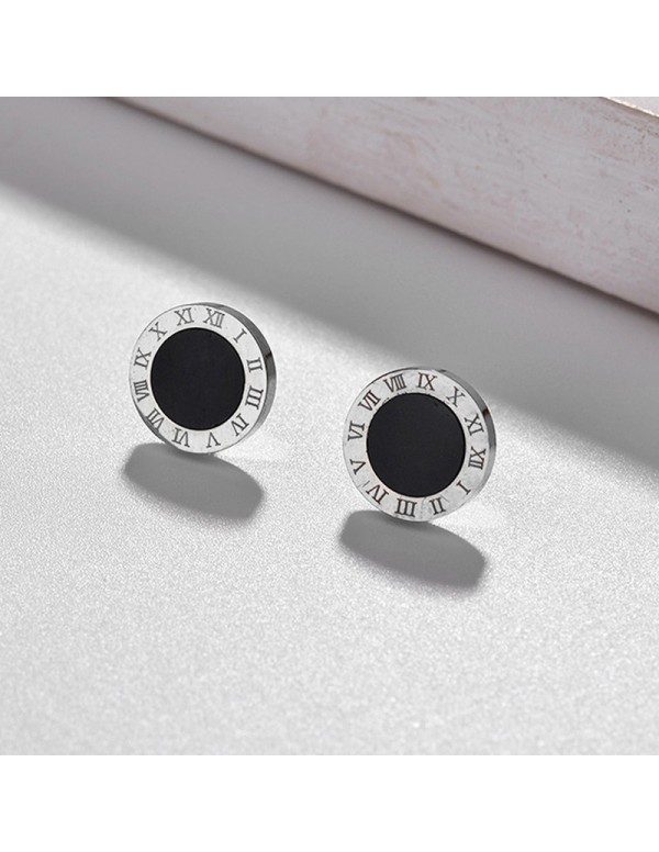 Jewels Galaxy Stainless Steel Silver Plated Roman Numerals Black Center Anti Tarnish Stud Earrings
