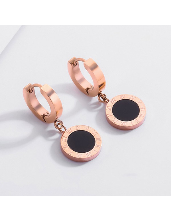 Jewels Galaxy Rose Gold Plated Stainless Steel Circular Roman Numerals Drop Earrings