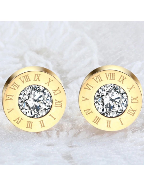 Jewels Galaxy Gold Plated Stainless Steel Circular CZ Studded Roman Numerals Stud Earrings