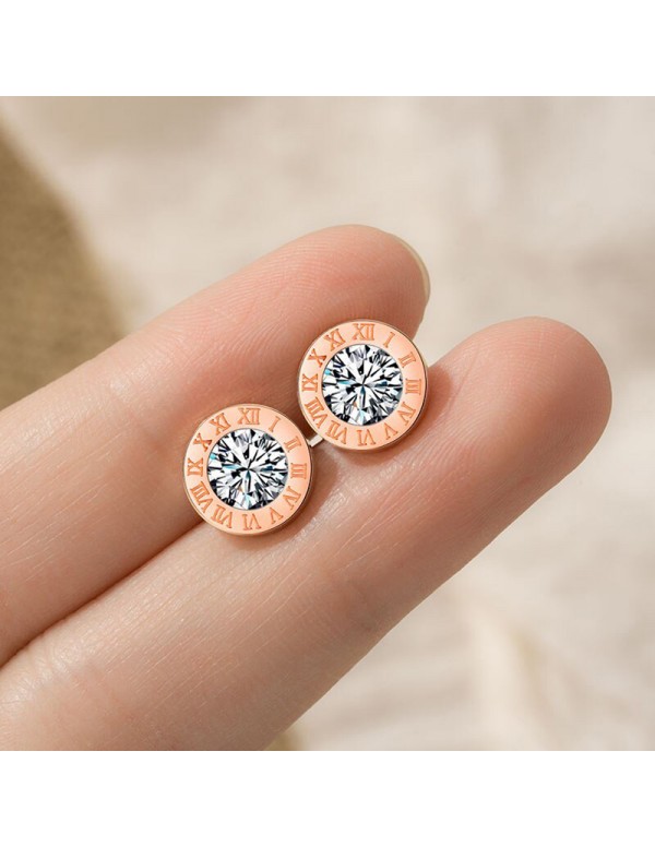 Jewels Galaxy Rose Gold Plated Stainless Steel Circular CZ Studded Roman Numerals Stud Earrings