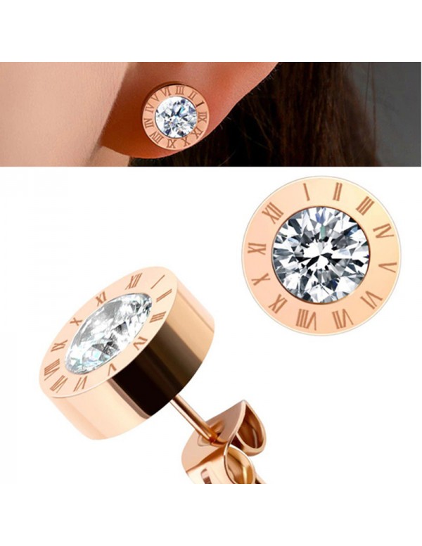Jewels Galaxy Rose Gold Plated Stainless Steel Circular CZ Studded Roman Numerals Stud Earrings