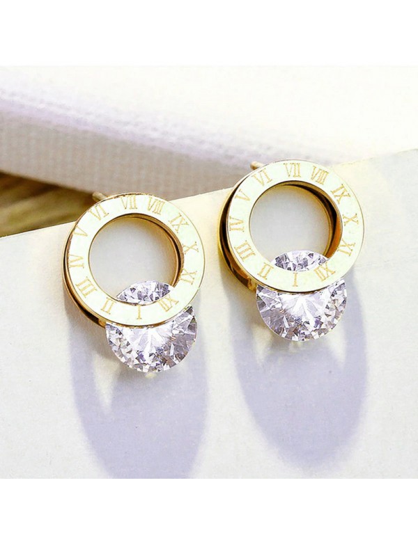 Jewels Galaxy Gold Plated Stainless Steel Circular CZ Studded Roman Numerals Stud Earrings