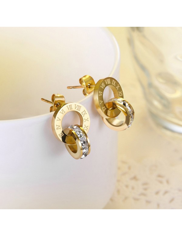 Jewels Galaxy Gold Plated Stainless Steel Circular CZ Studded Roman Numerals Hoop Earrings