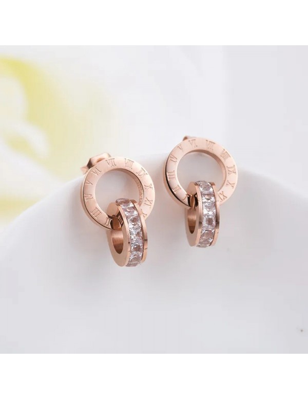 Jewels Galaxy Rose Gold Plated Stainless Steel Circular CZ Studded Roman Numerals Hoop Earrings
