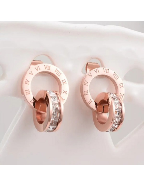 Jewels Galaxy Rose Gold Plated Stainless Steel Circular CZ Studded Roman Numerals Hoop Earrings