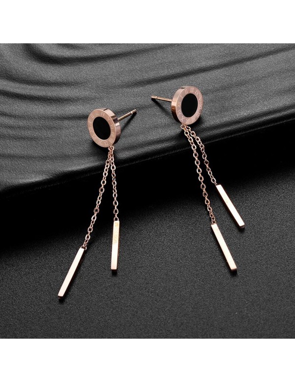 Jewels Galaxy Rose Gold Plated Stainless Steel Circular Roman Numerals Contemporary Drop Earrings