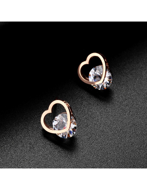 Jewels Galaxy Rose Gold Plated Stainless Steel CZ studded Heart Themed Stud Earrings