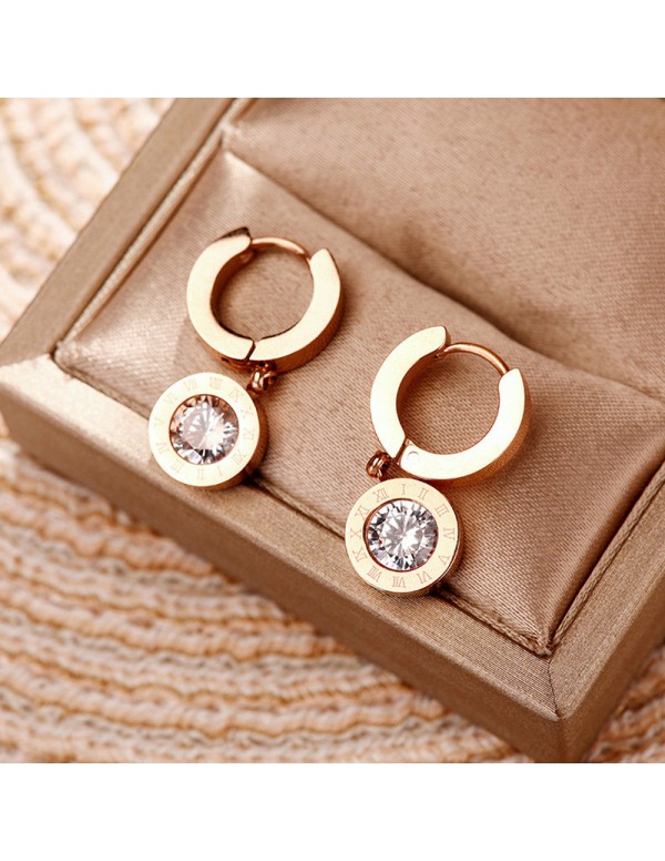 Jewels Galaxy Rose Gold Plated Stainless Steel Circular CZ Studded Roman Numerals Drop Earrings